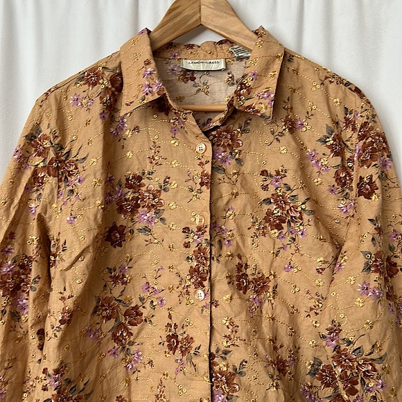 Lemon Grass Golden Tan Embroidered Floral Long Sleeve Shirt Top **Sz XL** 🌸🌸 - Picture 3 of 5